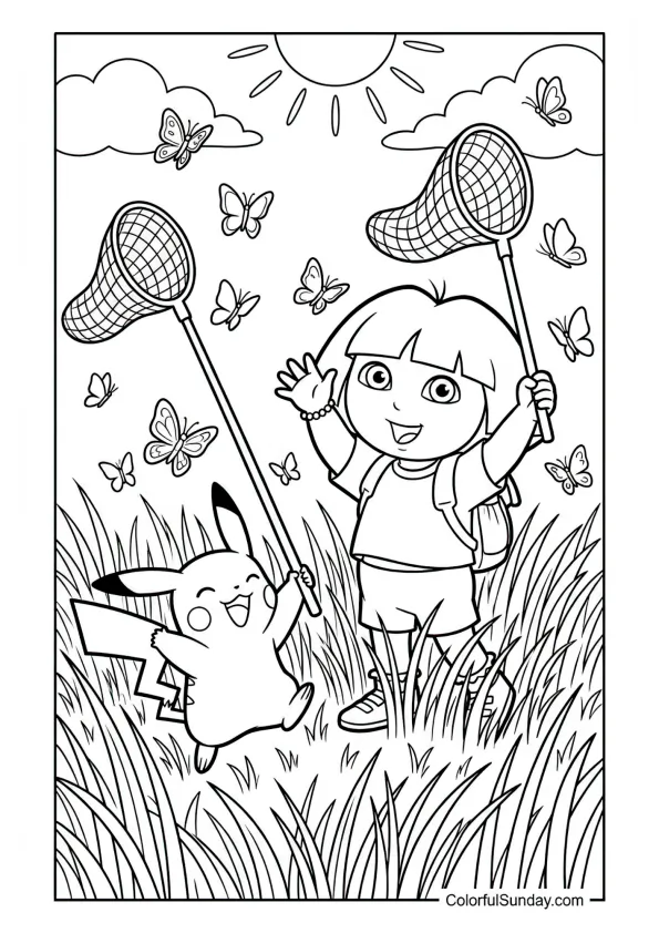 Dora and Pikachu catching butterflies with nets in a lush forest in this Dora the Explorer coloring page.