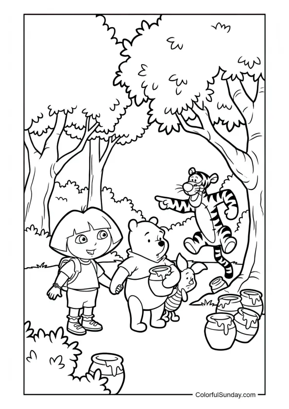 Dora and Winnie the Pooh searching for honey pots with Tigger and Piglet in this Dora the Explorer coloring page.