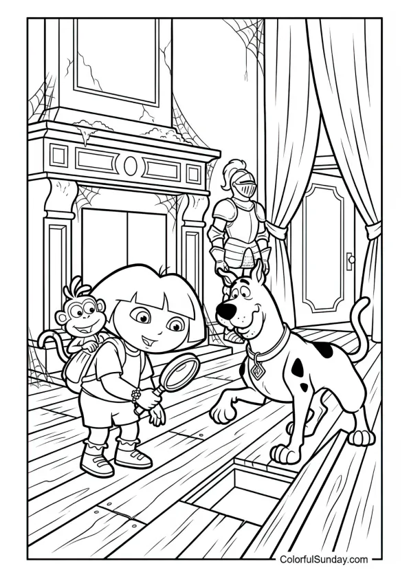 Dora and Scooby‑Doo exploring a spooky mansion looking for clues in this Dora the Explorer coloring page.