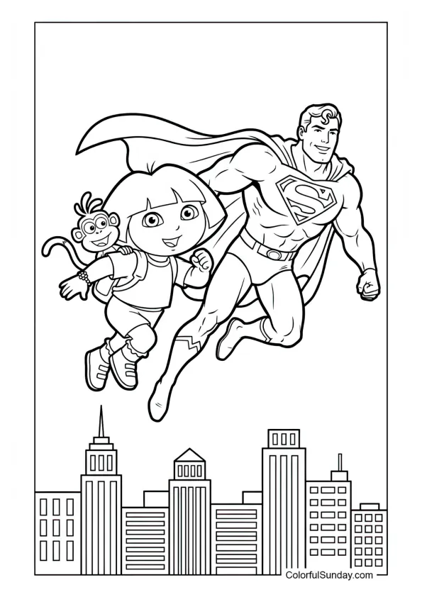 Dora flying alongside Superman above a city skyline in this Dora the Explorer coloring page.