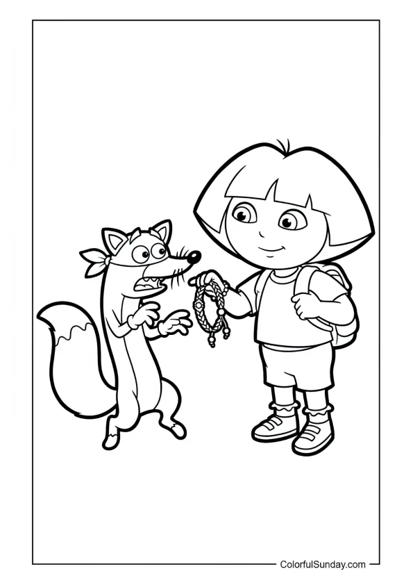 Dora giving Swiper a friendship bracelet with smiles in this Dora the Explorer coloring page.