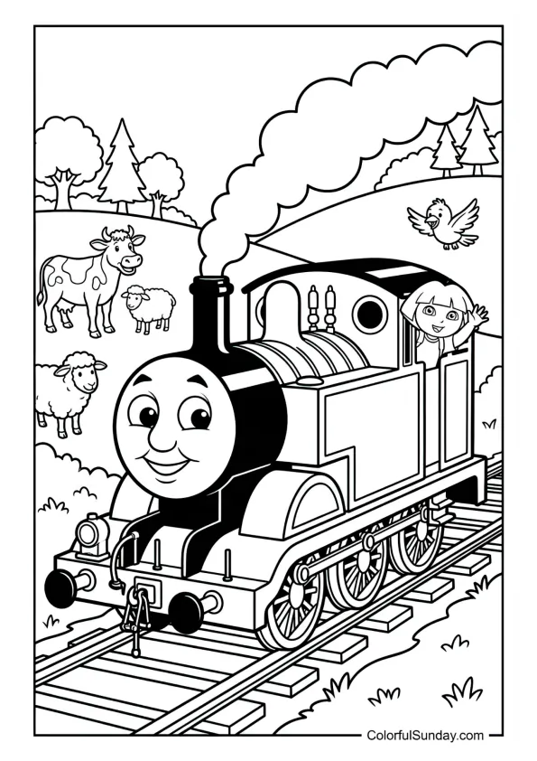 Dora riding on Thomas the Tank Engine through countryside with animals watching in this Dora the Explorer coloring page.
