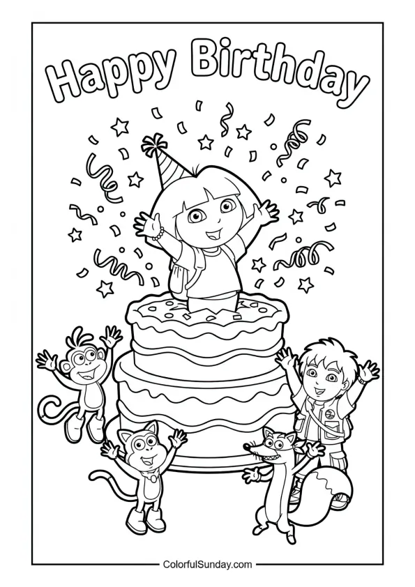 Dora popping out of a birthday cake amid confetti and friends in this Dora the Explorer coloring page.