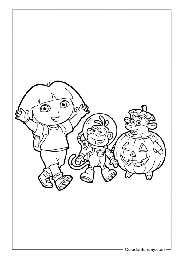 Dora, Boots and a friend wearing fun costumes walking to a haunted house in this Dora the Explorer coloring page.