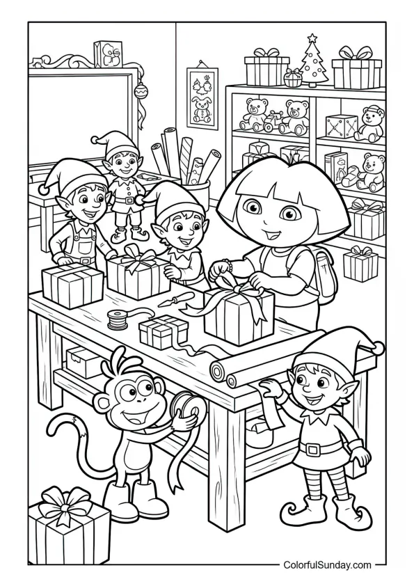 Dora and Boots wrapping gifts with Santa and elves in a workshop in this Dora the Explorer coloring page.