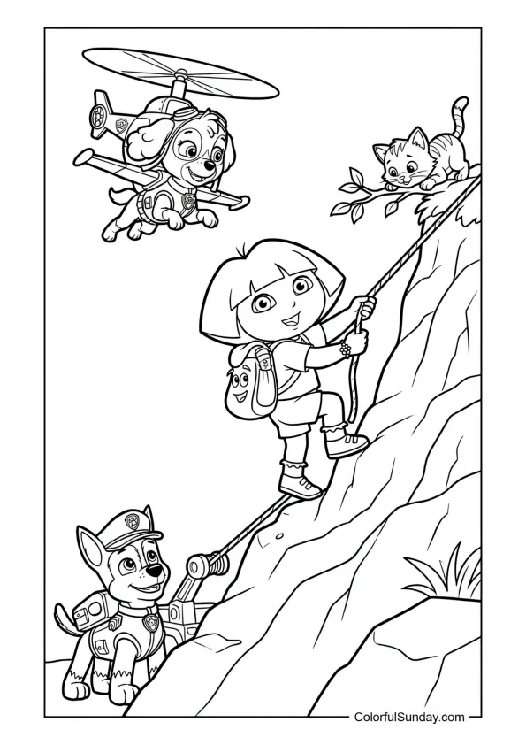 Dora with Skye and Chase rescuing a kitten on a hill in this Dora the Explorer coloring page.