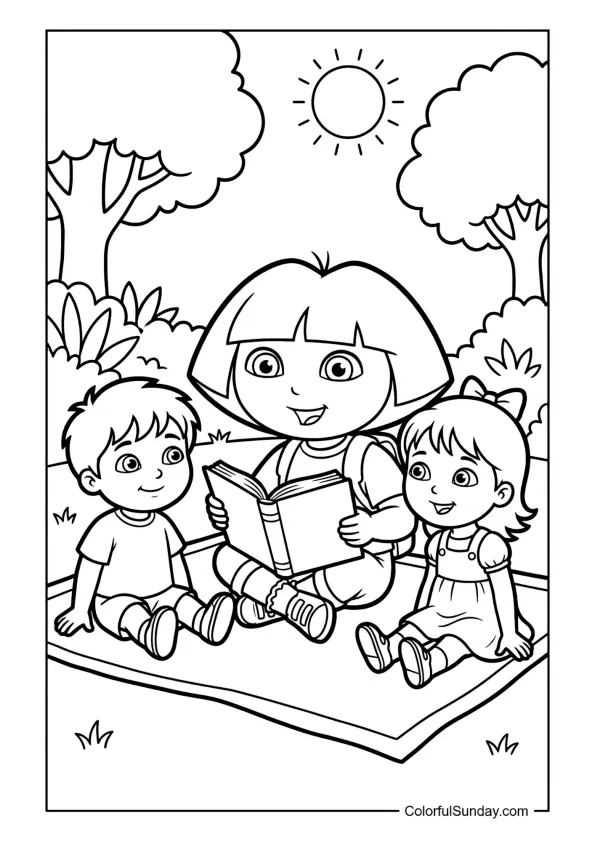 Dora reading a story to her toddler siblings under the sun in this Dora the Explorer coloring page.
