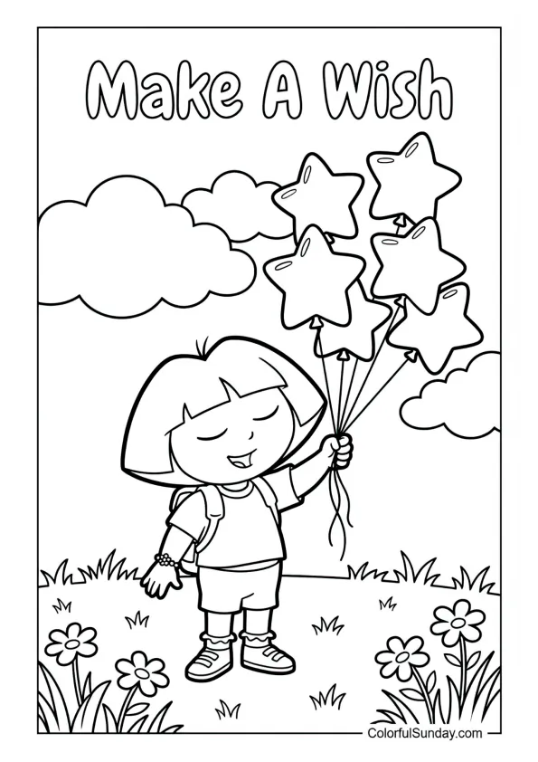 Dora letting go of star‑shaped balloons into the sky with a hopeful expression in this Dora the Explorer coloring page.