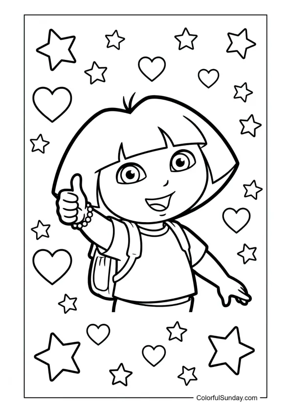 Dora giving a thumbs‑up with stars and hearts floating around her in this Dora the Explorer coloring page.