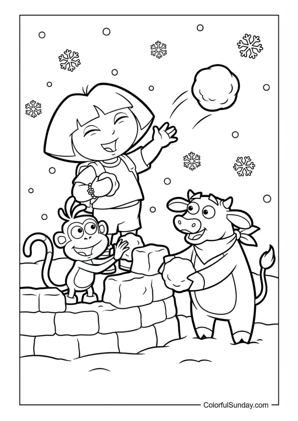 Dora, Boots and a friend having a snowball fight beside a snow fort in this Dora the Explorer coloring page.