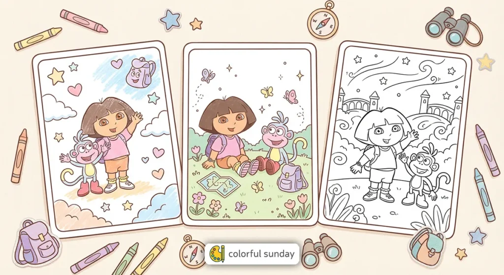 three coloring pages of Dora the Explorer