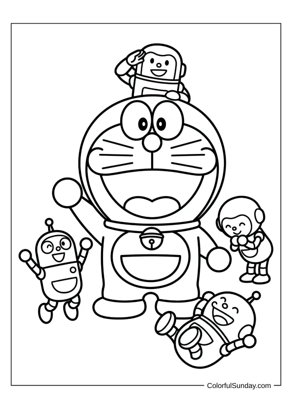 Doraemon surrounded by cute Mini Doras in a playful coloring page.