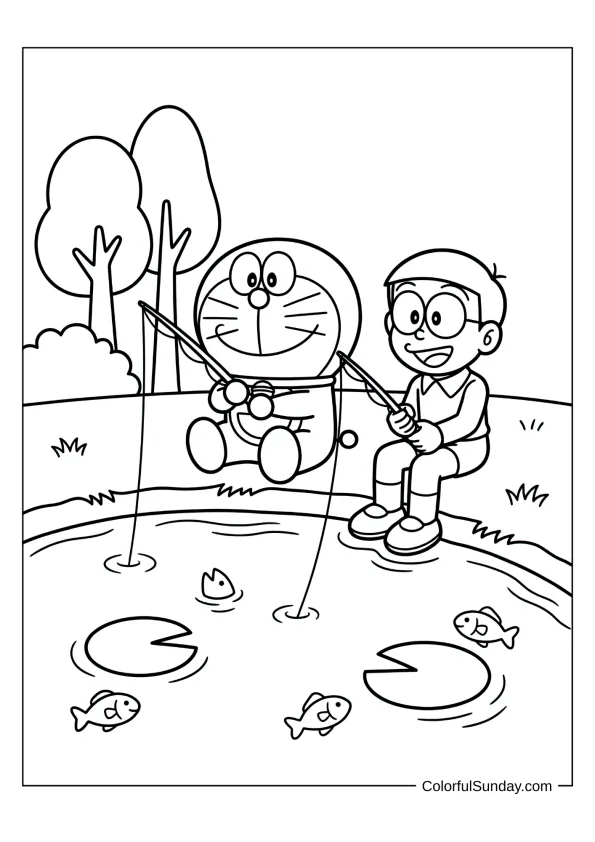 Doraemon and Nobita fishing together by a pond coloring page for kids.