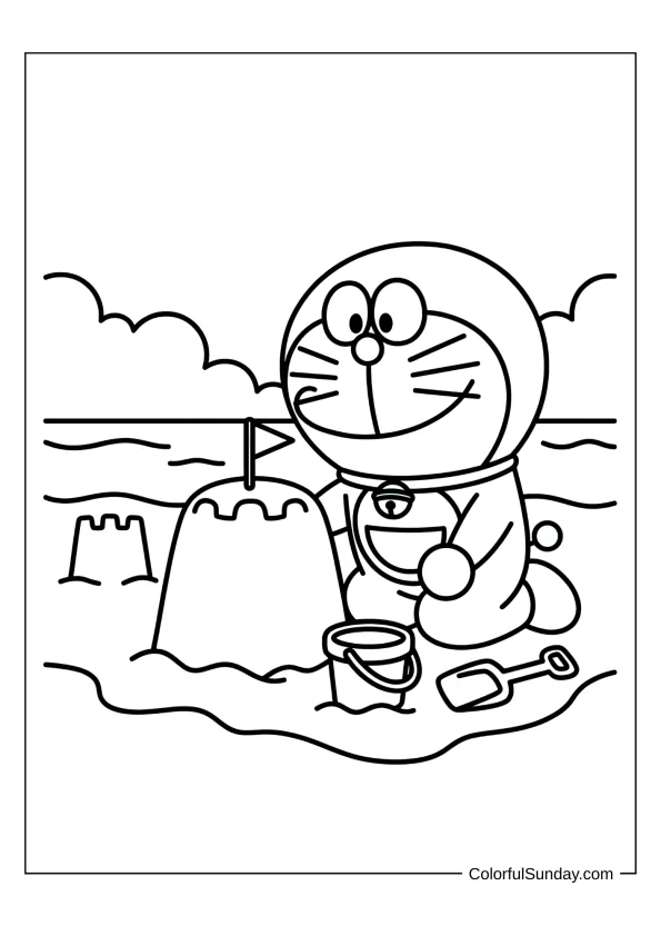 Doraemon playing at the beach with sand and waves coloring page for kids.