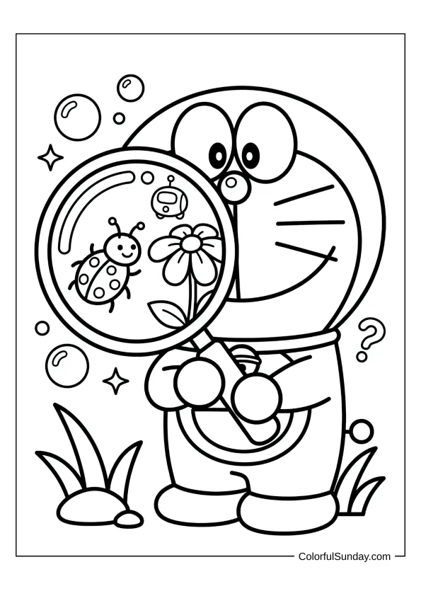 Curious Doraemon examining objects with a magnifying glass coloring page for preschoolers.