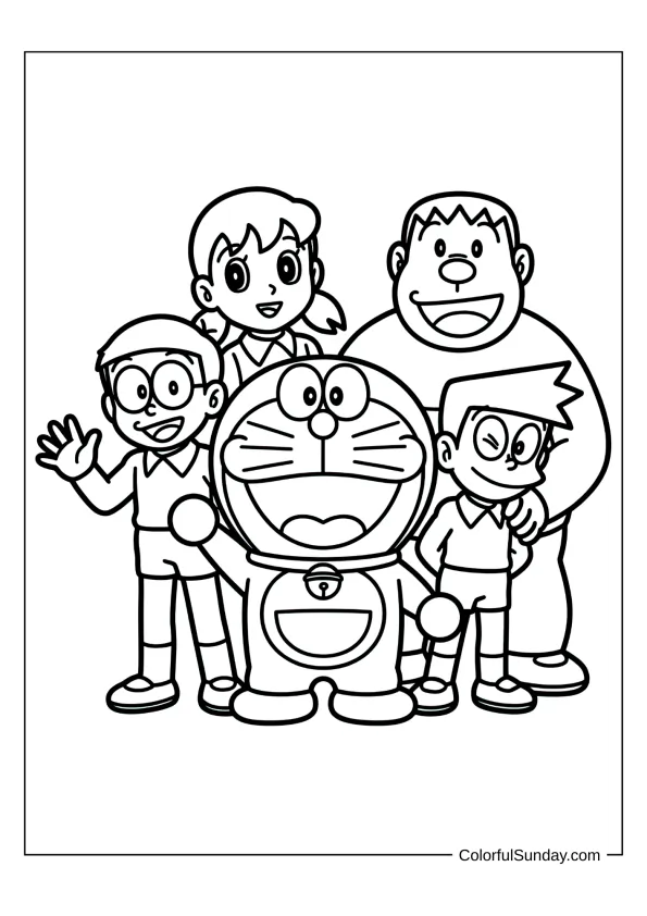 Doraemon and all his friends posing for a group picture coloring page.