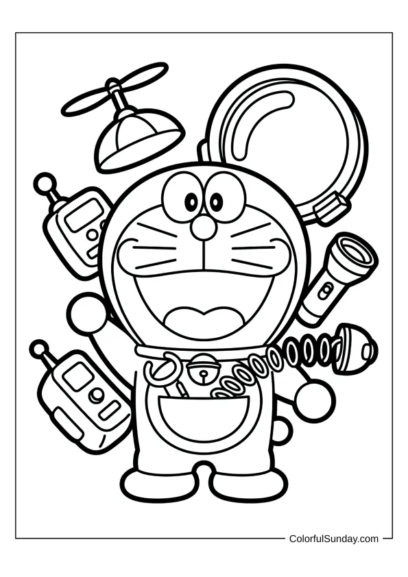 Doraemon showing off his cool gadgets in a fun coloring page.
