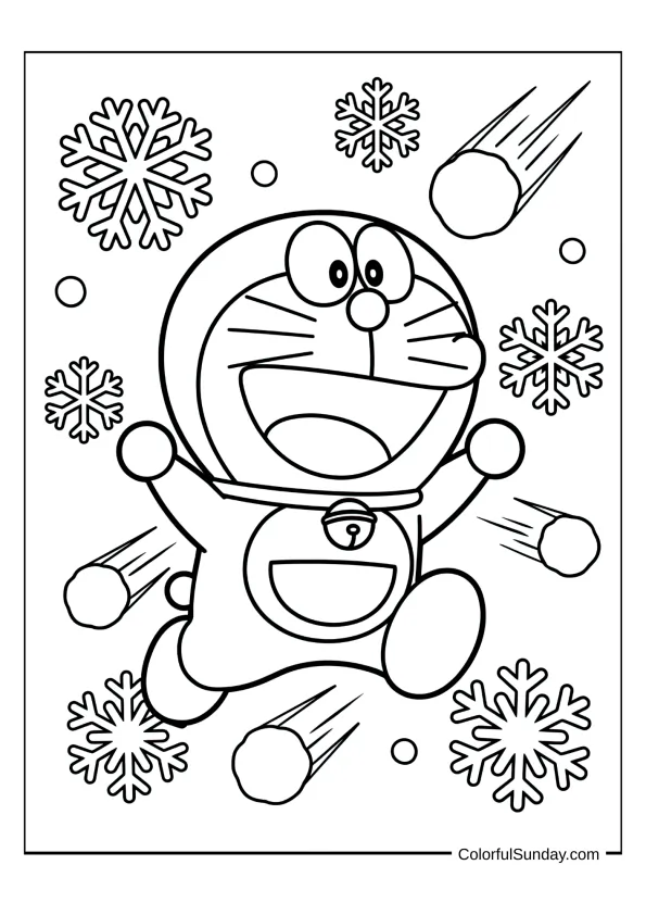 Playful Doraemon running through winter snow in a fun coloring page.