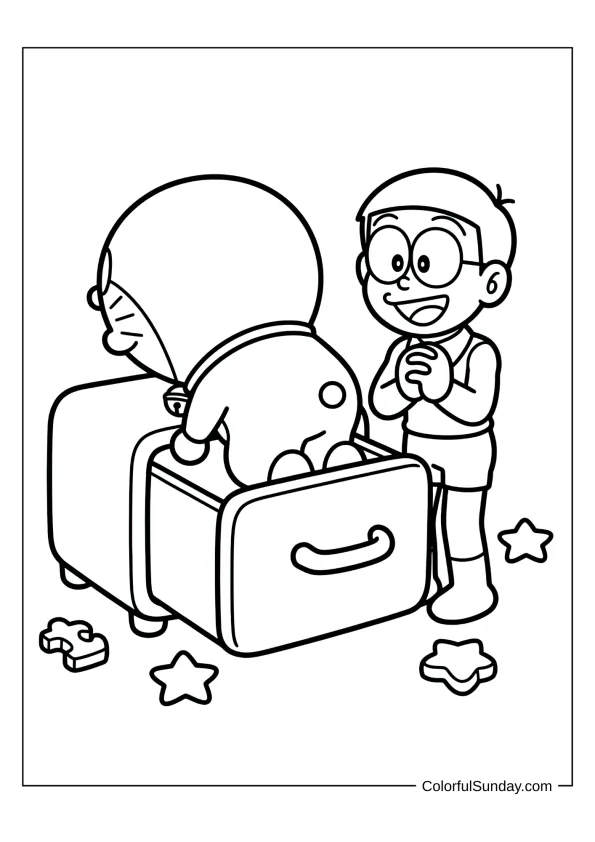 Doraemon entering the time machine drawer in an exciting coloring page.