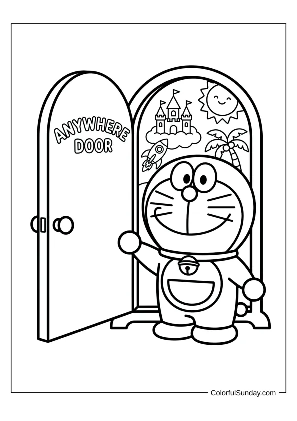 Doraemon with the Anywhere Door gadget in a fun coloring page.