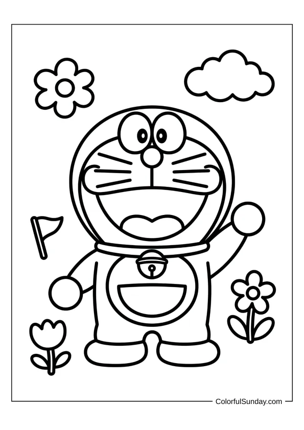 Friendly Doraemon waving with his iconic bell in a fun coloring page.