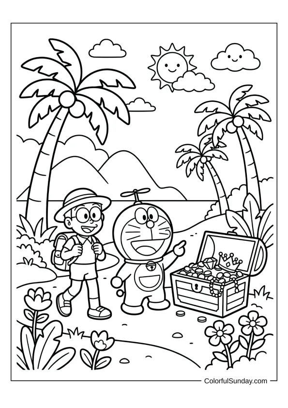 Doraemon and Nobita on an exciting island adventure coloring page.