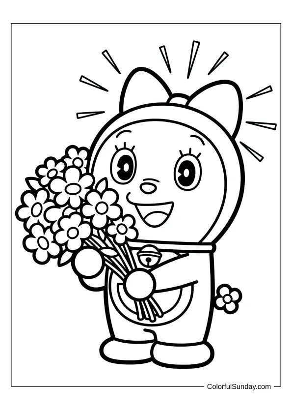 Cute Dorami holding beautiful flowers in a simple coloring page for kids.