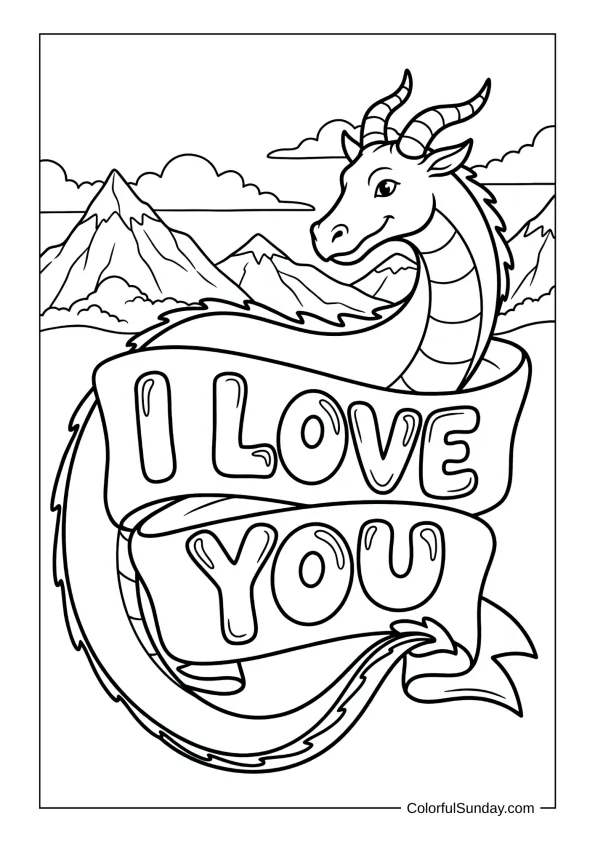 Kind dragon holding a banner that reads I love you above mountains in a coloring page.