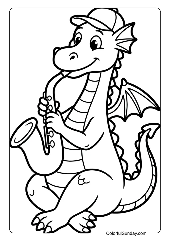 Dragon Saxophone Player Coloring Page A friendly dragon coloring page playing a saxophone while sitting down coloring page.