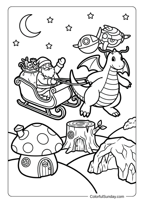 A coloring page featuring Dragonite helping Santa deliver presents to Christmas Pokémon homes around the world.