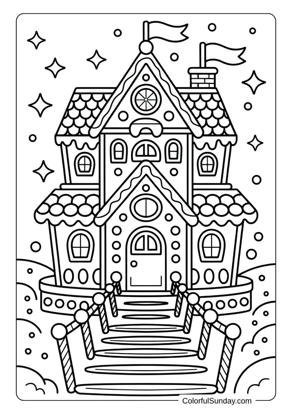 A grand gingerbread house castle with flags and a candy bridge stands ready to color in this detailed coloring page.