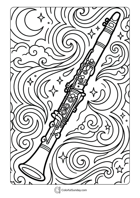 A dream clarinet coloring page featuring imaginative instrument with magical swirls stars and dreamy patterns