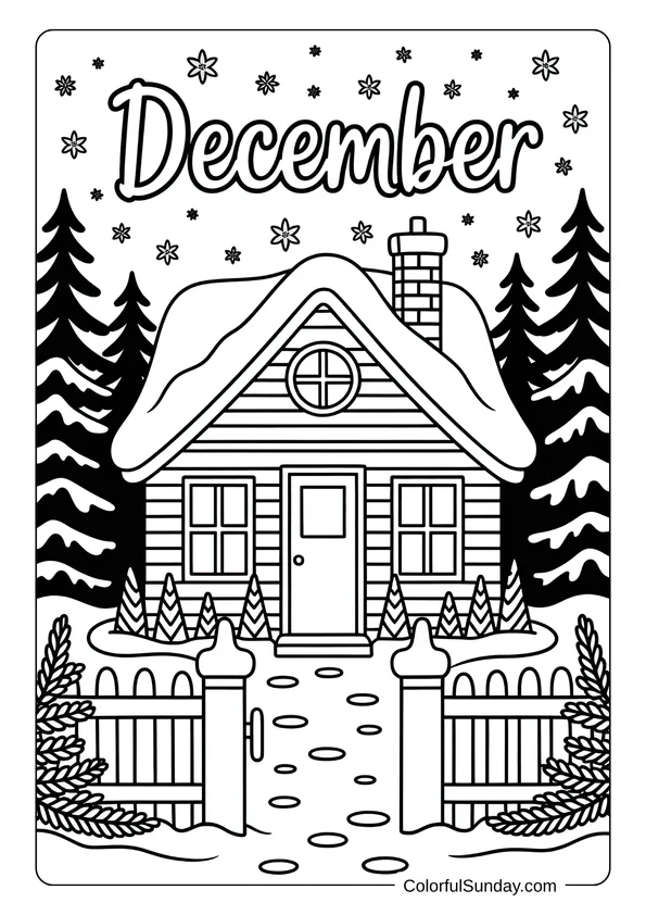 A cozy cottage with a snow-covered roof surrounded by pine trees in a December winter coloring page.