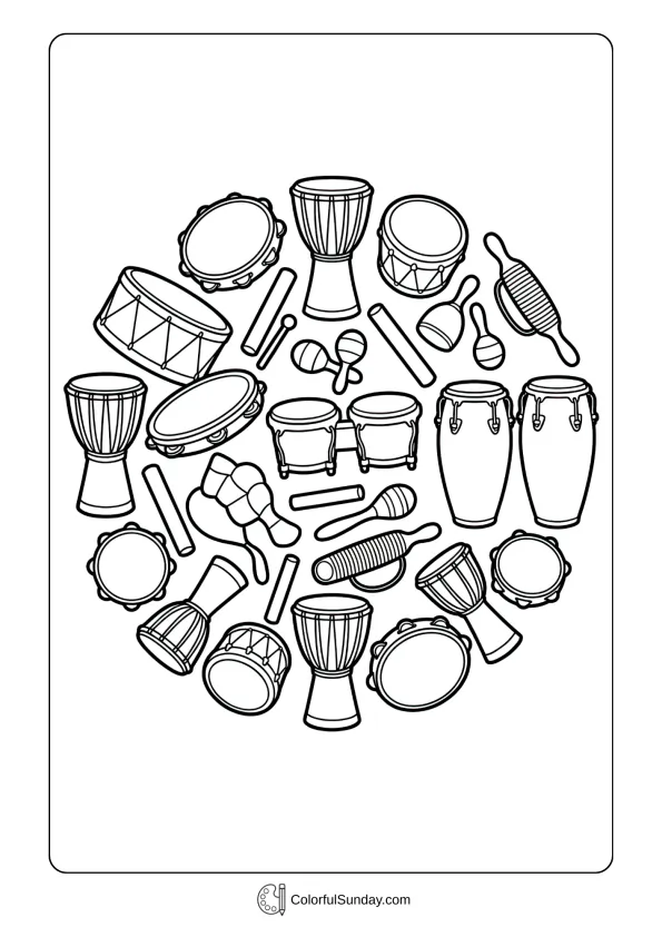 Various drums arranged in circle coloring page including djembes, congas, and hand percussion instruments