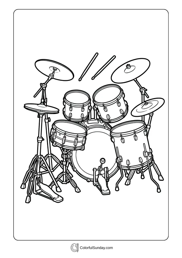 Dynamic arrangement of drums and cymbals coloring page creating exciting rock band drum setup