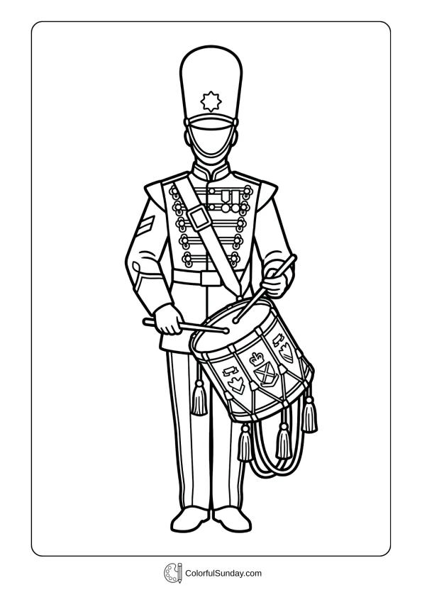 Drum major in uniform carrying ceremonial drum coloring page with decorative tassels and emblems