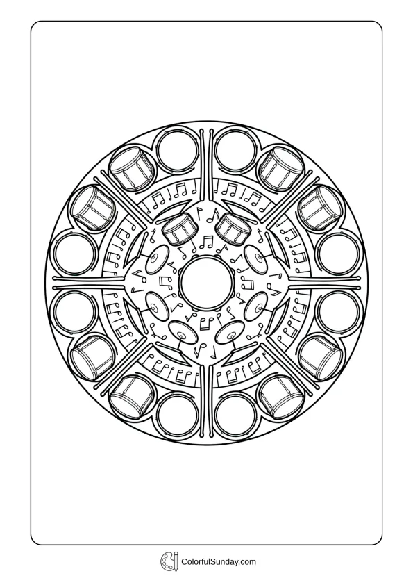 A coloring page featuring circular mandala design with drums, drumsticks, and musical notes in symmetrical pattern