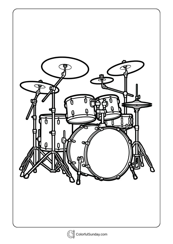 A coloring page of a full drum kit featuring multiple cymbals including ride, crash, and splash arrangements