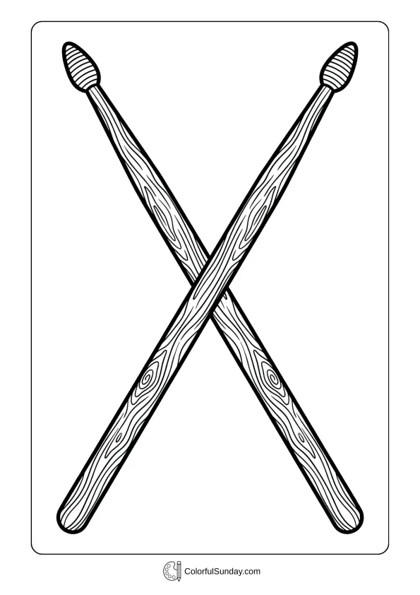 Crossed drumsticks with detailed wood grain texture coloring page and rubber tip endings displayed prominently