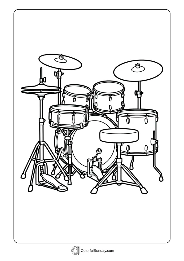 Drummer stool positioned behind bass drum coloring page with pedal assembly visible in scene