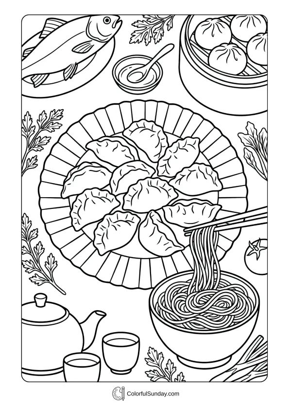 Delicious dumplings and long noodles Chinese New Year feast coloring page