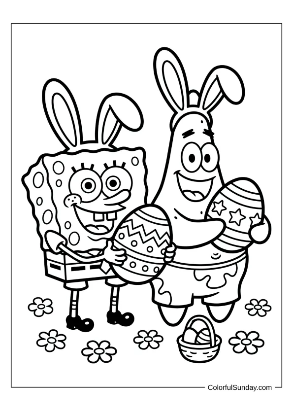 SpongeBob and Patrick with Easter bunny ears holding eggs coloring page