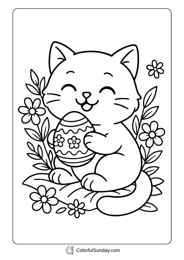 Pokemon Badges And Logo Coloring Page A coloring page of a cute cat holding a decorated Easter egg surrounded by flowers.
