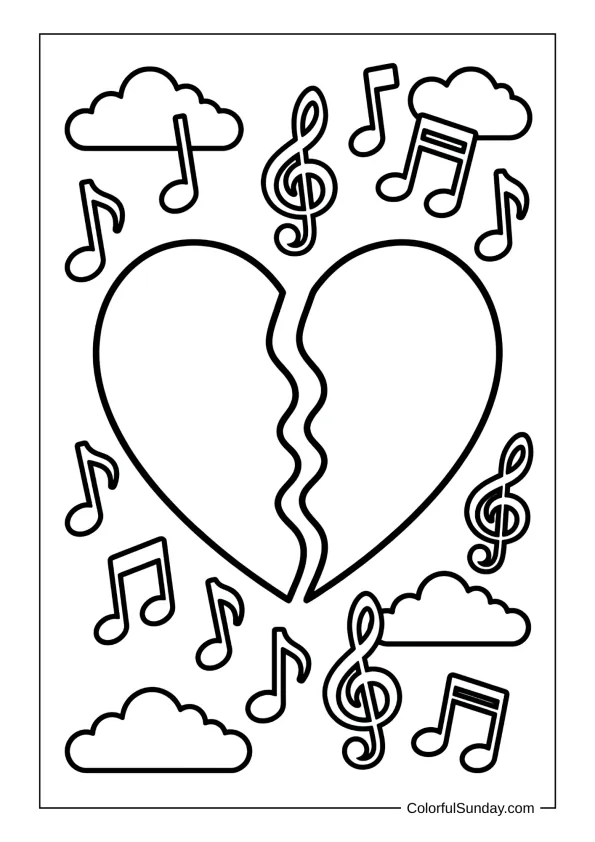 Simple broken heart outline in a coloring page