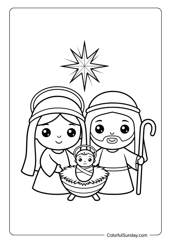 An easy chibi nativity coloring page for kids to color with simple cute designs.