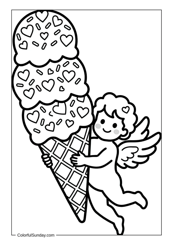 Happy Cupid enjoying a huge ice cream cone with hearts coloring page.