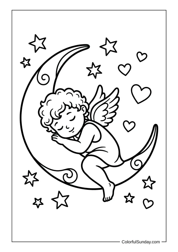Dreamy Cupid sitting on a crescent moon with stars coloring page.