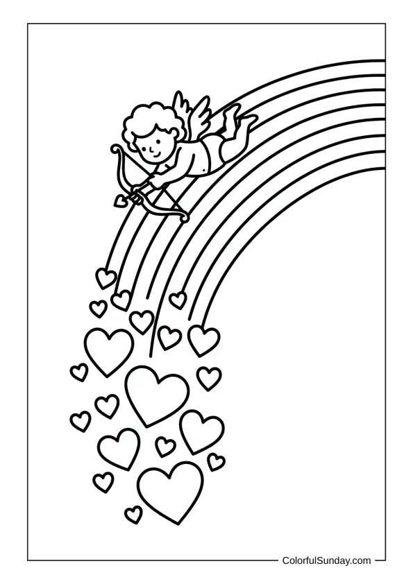 Playful Cupid sliding on a rainbow with cascading hearts coloring page.