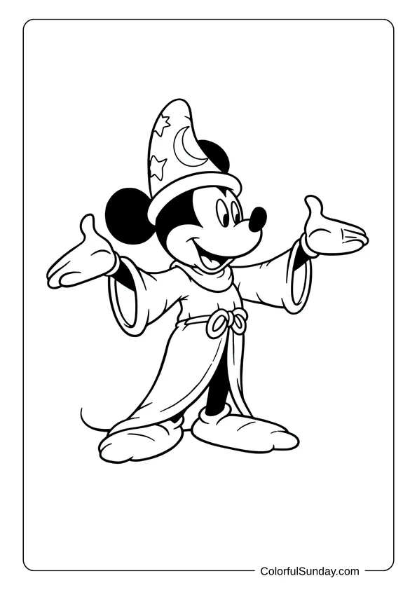 Coloring page of Mickey Mouse as the Fantasia sorcerer with a robe and a starry hat.