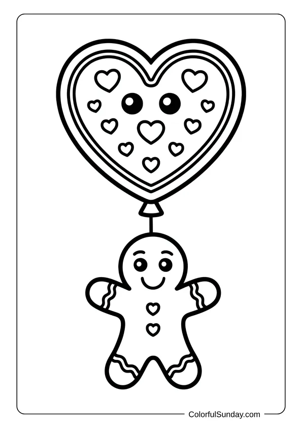 A gingerbread cookie floats beneath a big heart-shaped balloon in this cute coloring page.